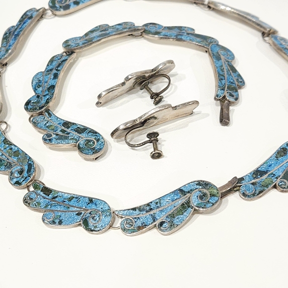 1940s Taxco Mexico Sterling Silver 950 Blue Stone Inlay 3 Piece Demi Parure Set - Picture 14 of 16